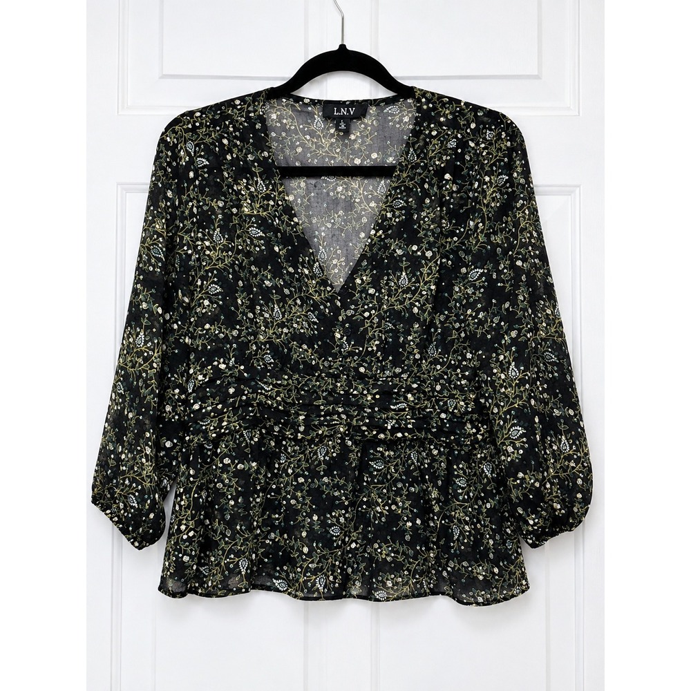 L.N.V. Black Floral Shimmer Peplum Blouse V-Neck Ruched Waist Long Sleeve Large